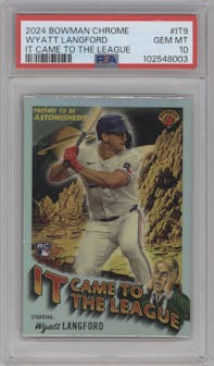 Wyatt Langford from the 2024 Bowman Chrome set graded by PSA and given an overall grade of 10.