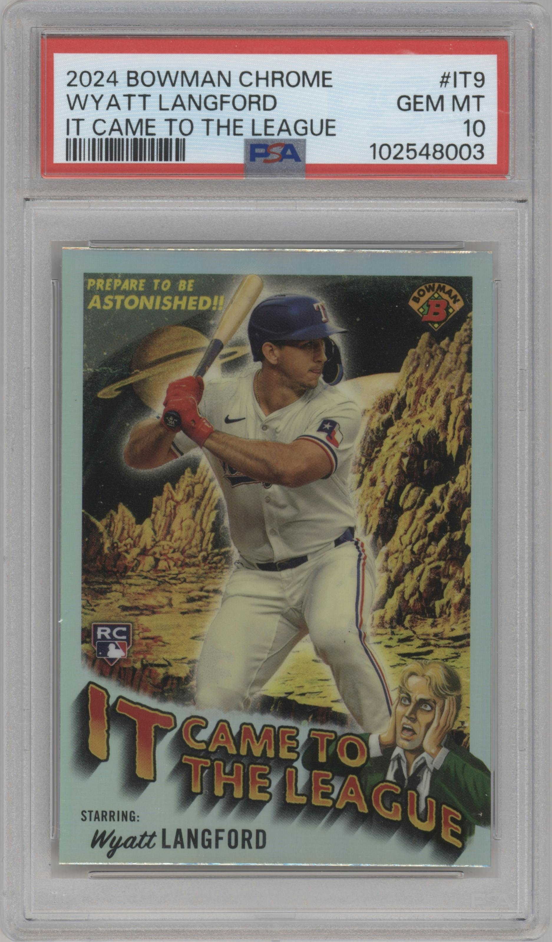 Wyatt Langford from the 2024 Bowman Chrome set graded by PSA and given an overall grade of 10.