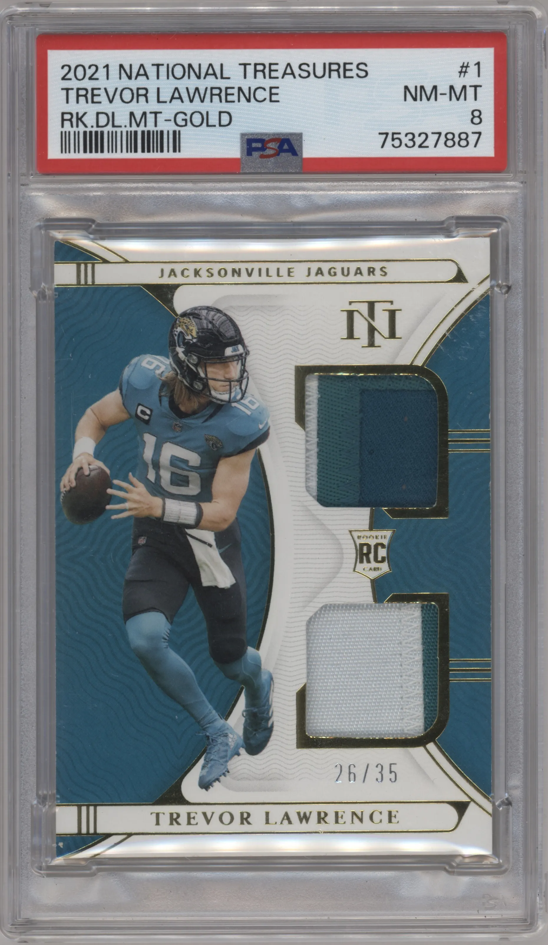 2021 Panini National Treasures Rke.Dual Mat. Trevor Lawrence Gold PSA 8