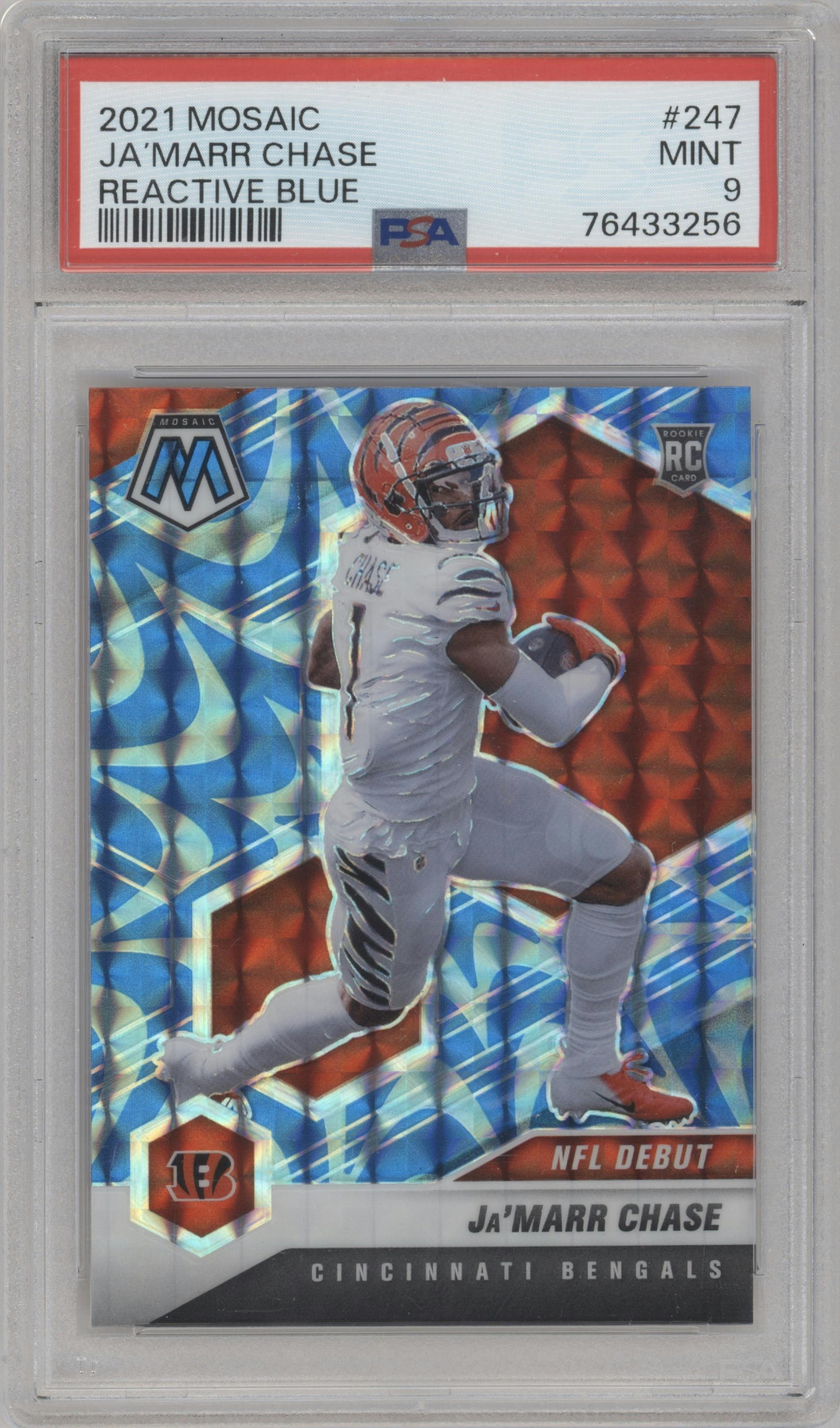 Ja'Marr Chase from the 2021 Panini Mosaic set featuring a Reactive Blue parallel graded by PSA and given an overall grade of 9.