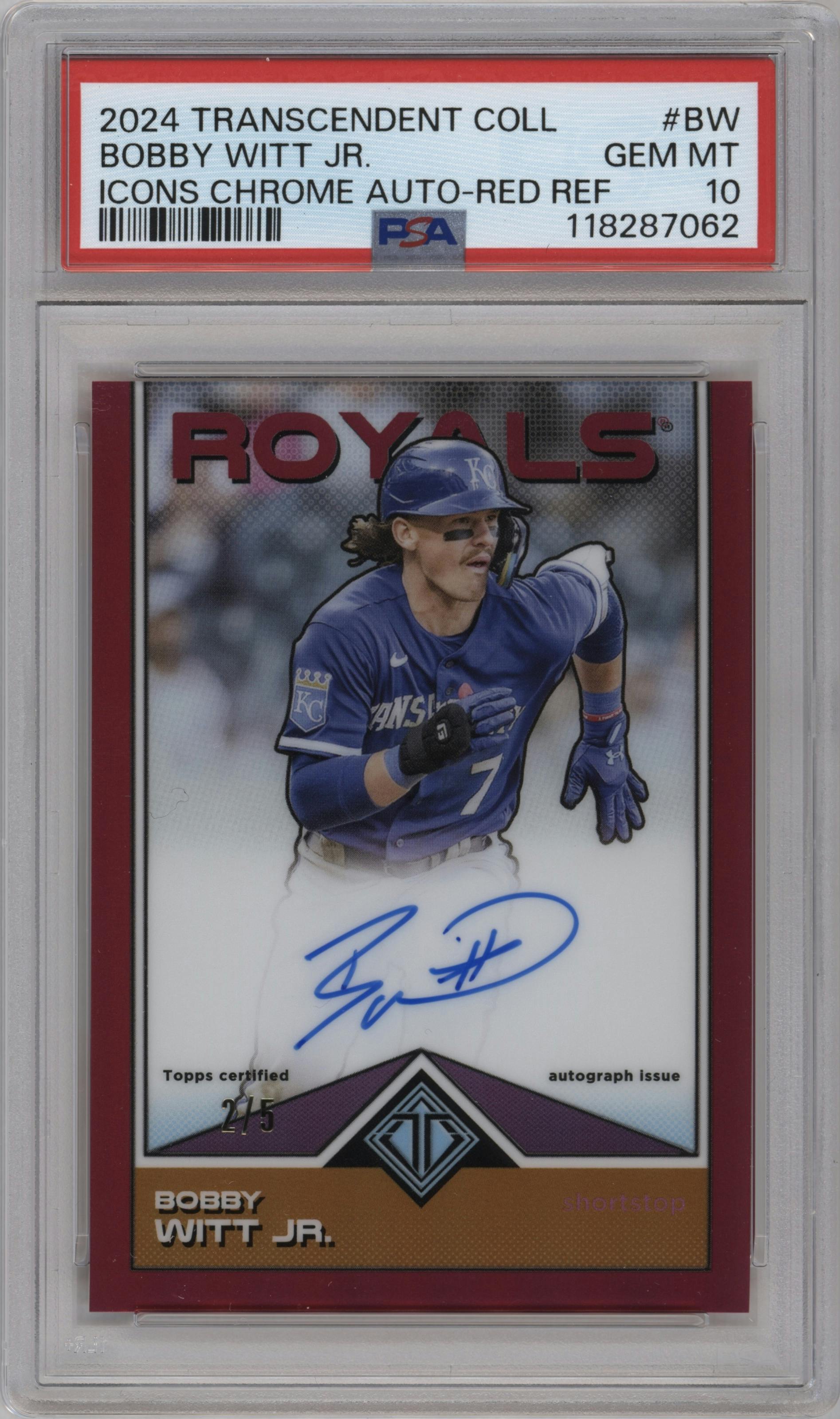 Bobby Witt Jr. from the 2024 Topps Transcendent Collection set featuring a Red Refractor parallel graded by PSA and given an overall grade of 10.