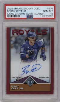 Bobby Witt Jr. from the 2024 Topps Transcendent Collection set featuring a Red Refractor parallel graded by PSA and given an overall grade of 10.