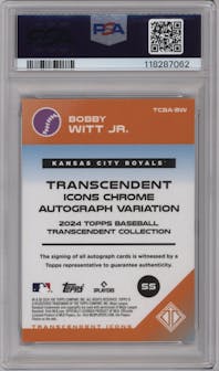 Bobby Witt Jr. from the 2024 Topps Transcendent Collection set featuring a Red Refractor parallel graded by PSA and given an overall grade of 10.