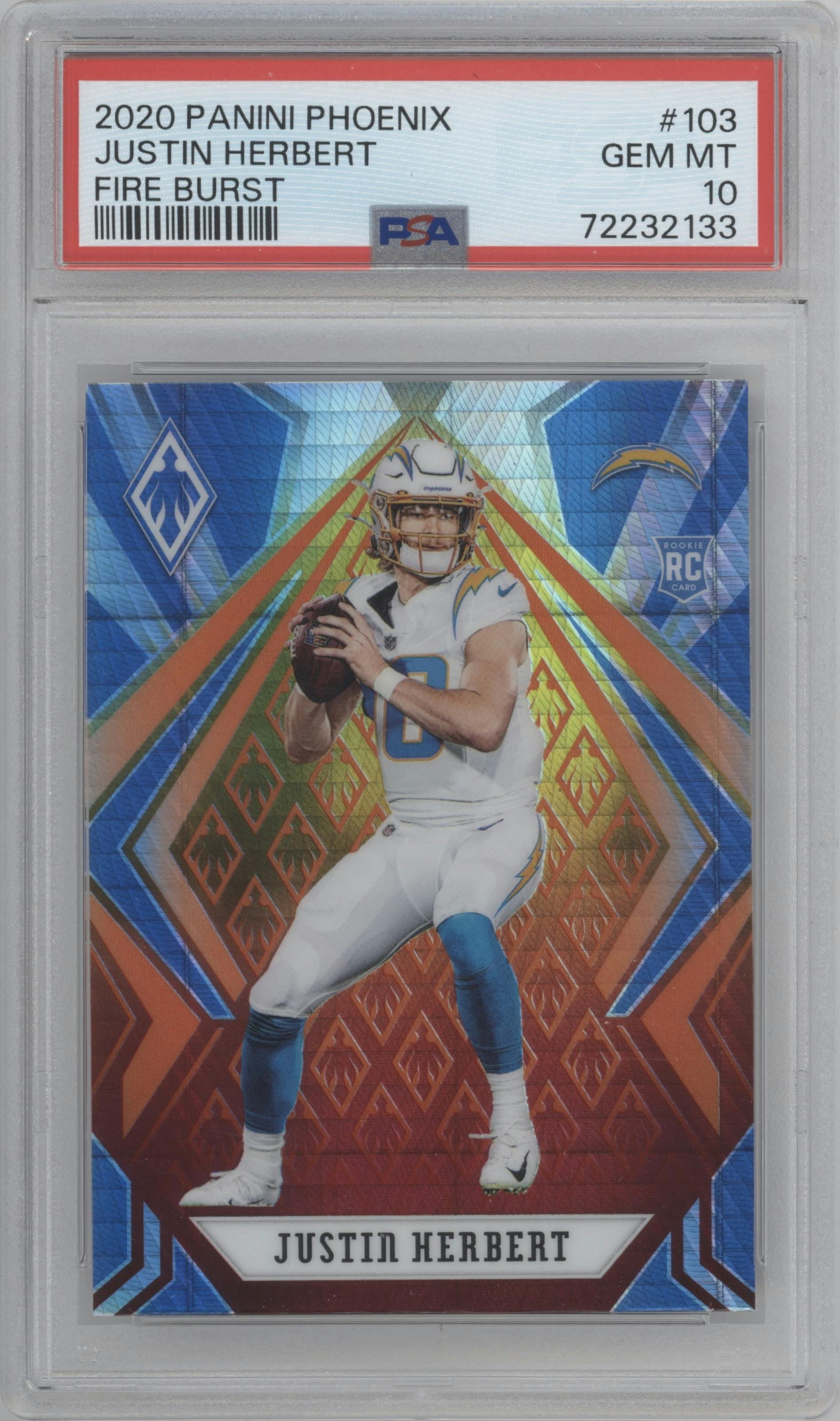 Justin Herbert from the 2020 Panini Phoenix set featuring a Fire Burst parallel graded by PSA and given an overall grade of 10.