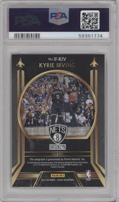 Kyrie Irving from the 2019-20 Panini Select set featuring a Neon Green Prizm parallel graded by PSA and given an overall grade of 9.