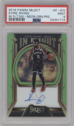 Kyrie Irving from the 2019-20 Panini Select set featuring a Neon Green Prizm parallel graded by PSA and given an overall grade of 9.