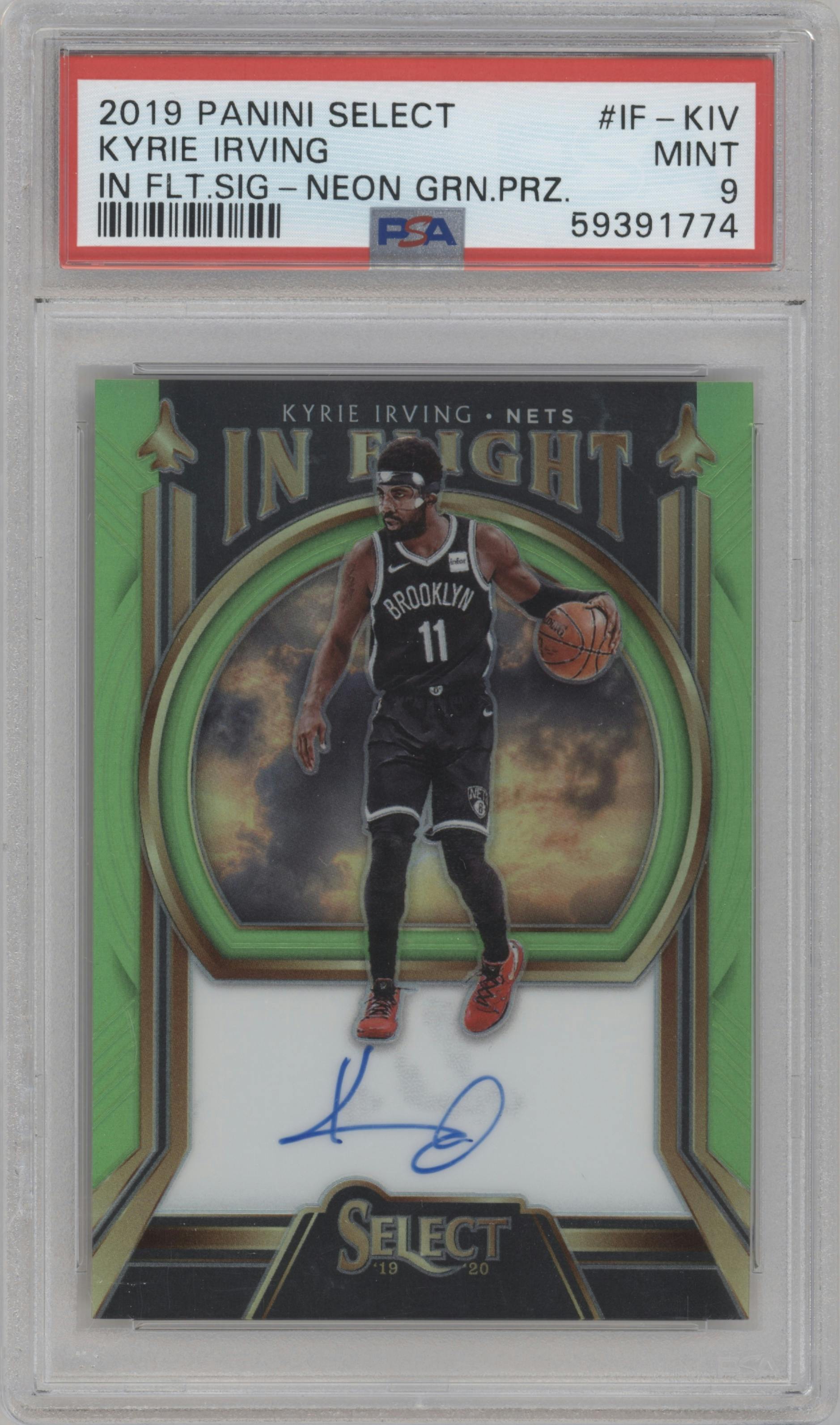 Kyrie Irving from the 2019-20 Panini Select set featuring a Neon Green Prizm parallel graded by PSA and given an overall grade of 9.