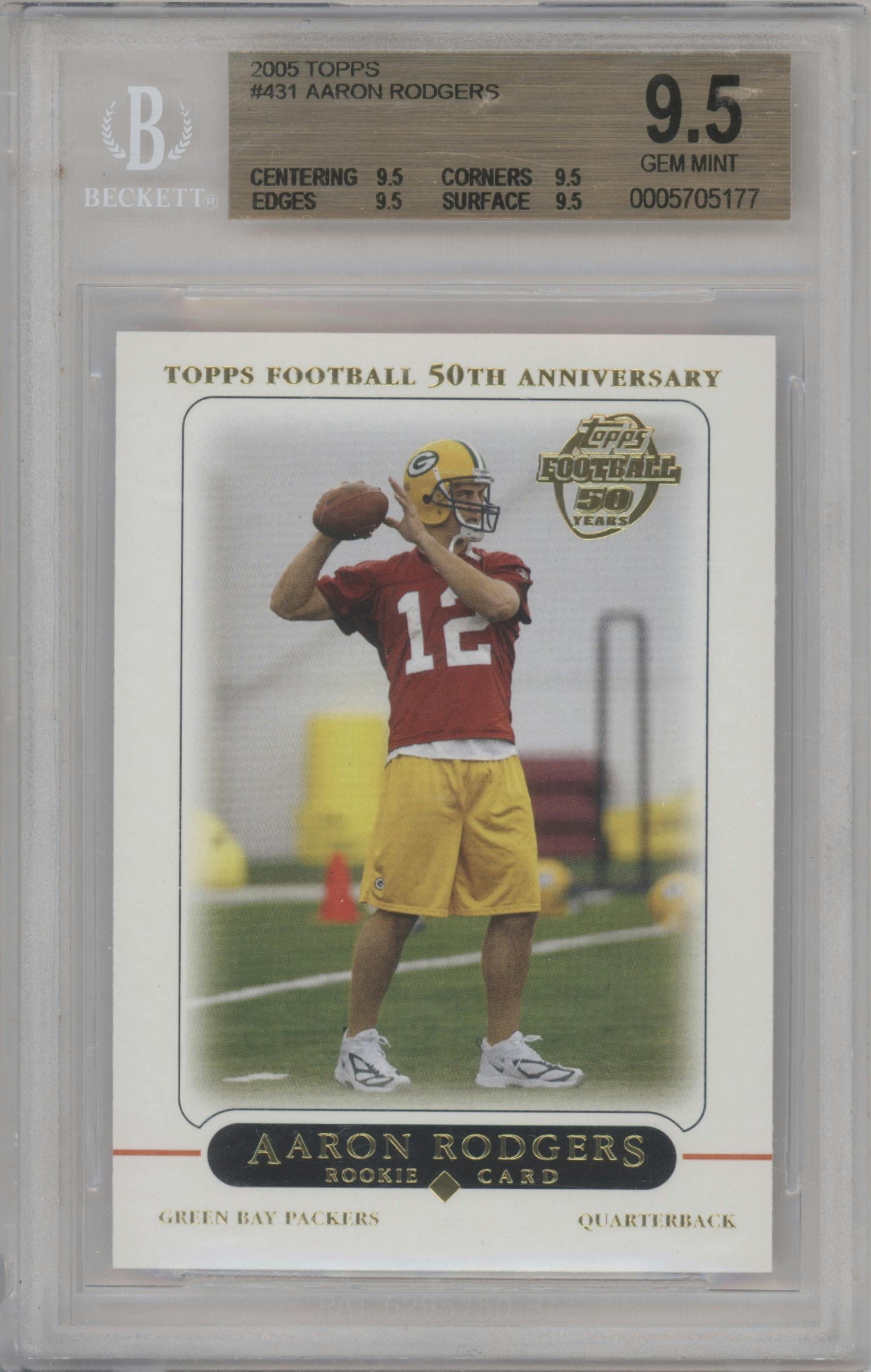 Aaron Rodgers from the 2005 Topps set graded by Beckett and given an overall grade of 9.5.