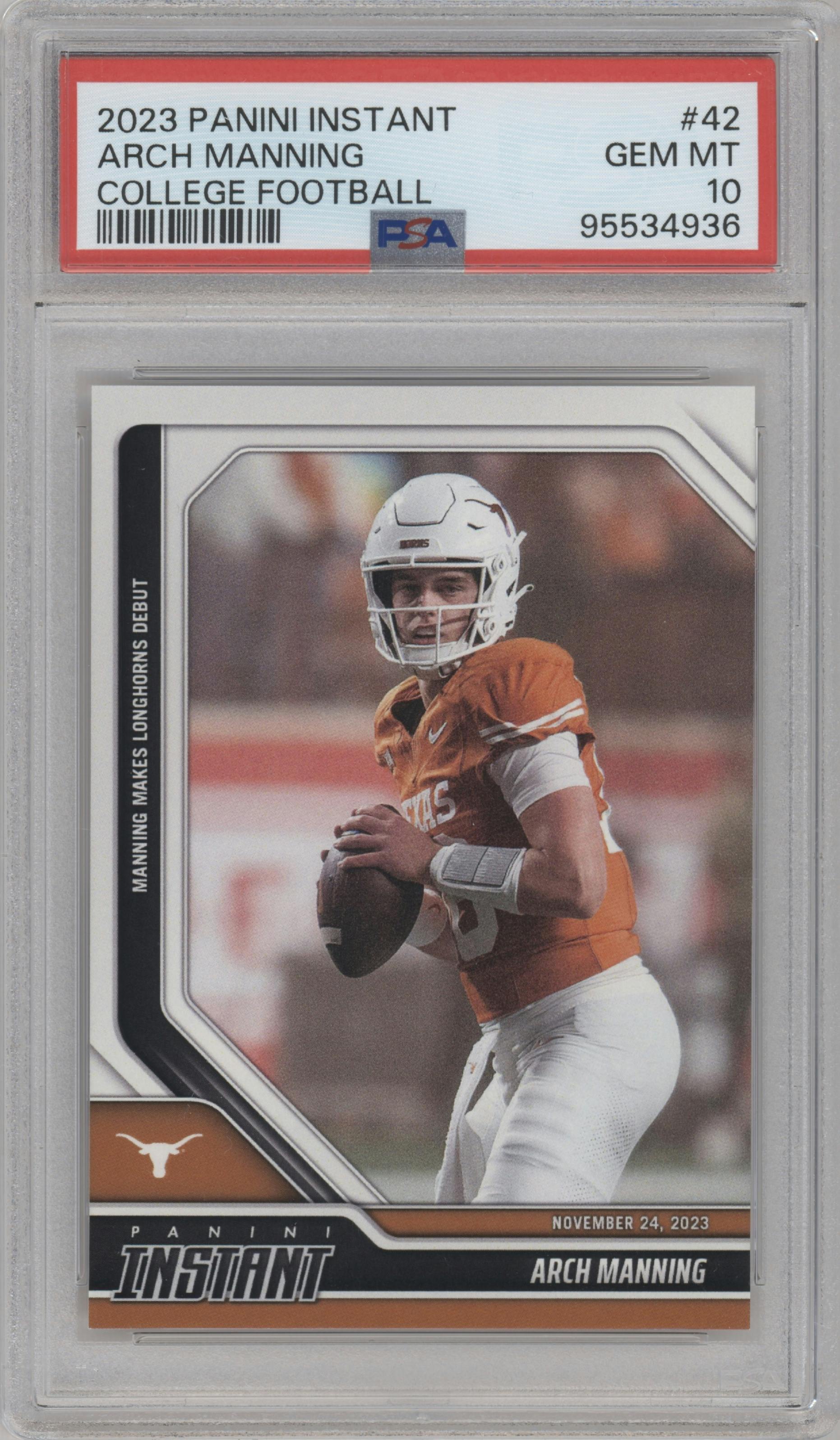 Arch Manning from the 2023 Panini Instant College set graded by PSA and given an overall grade of 10.