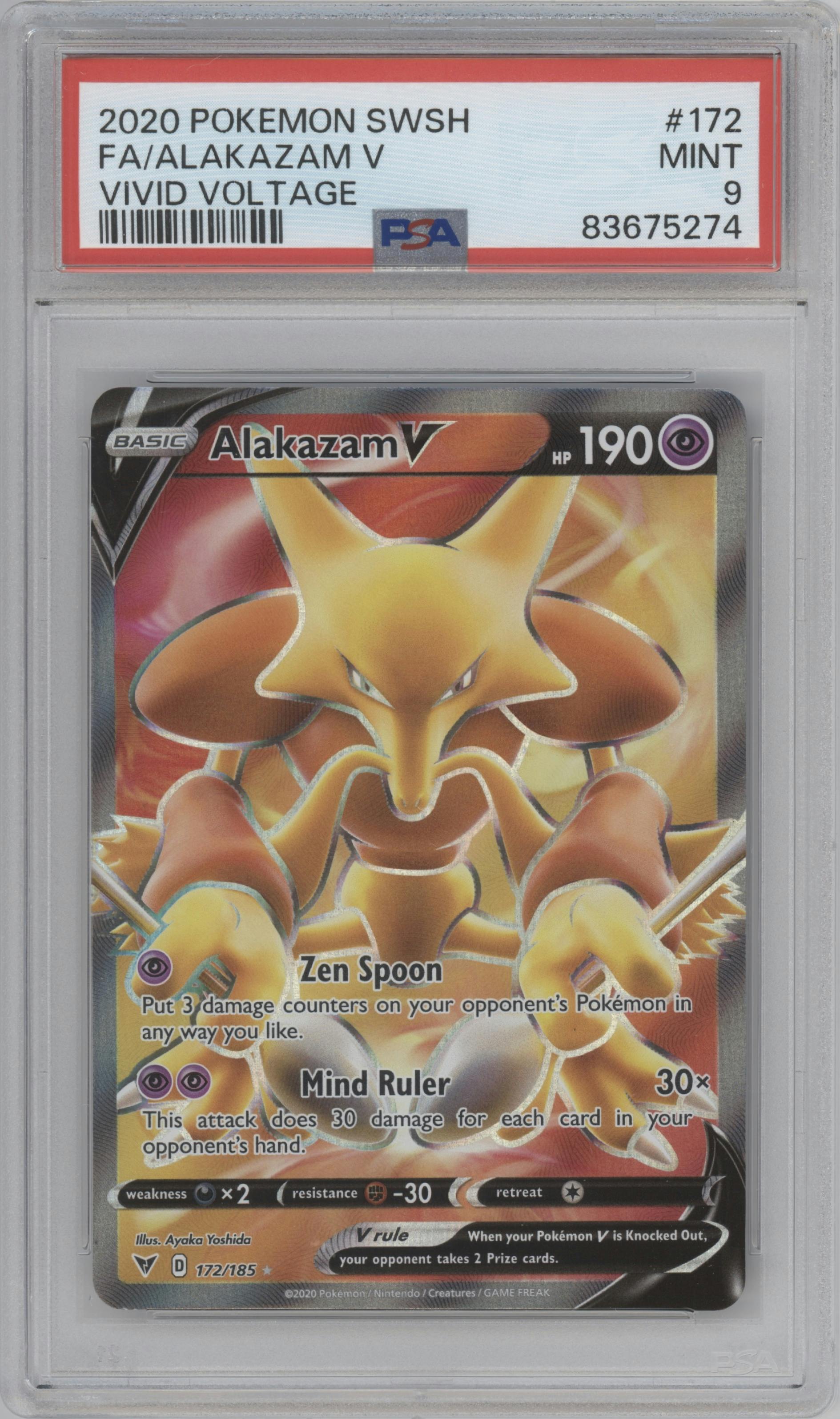Alakazam V from the 2020 Pokemon SWSH set graded by PSA and given an overall grade of 9.