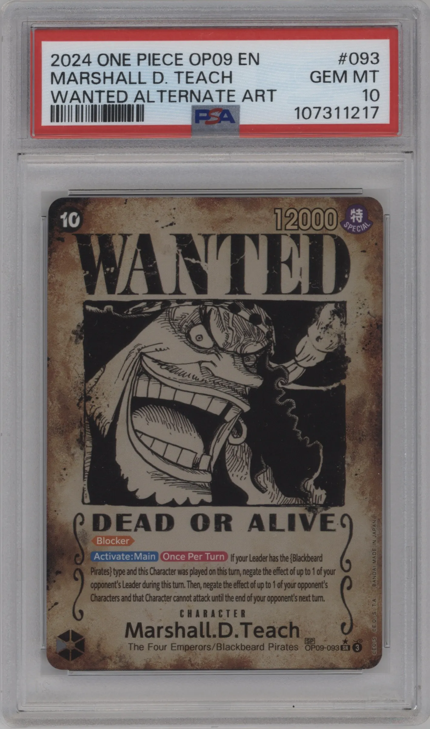 2024 One Piece Emperors in the New World Marshall.D.Teach Wanted Poster Alternate Art OP09-093 SR #SP OP09-093 SR PSA 10