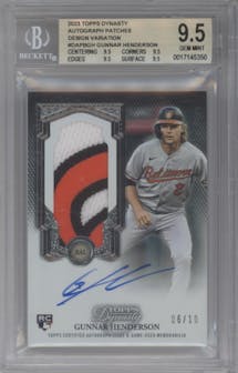 Gunnar Henderson from the 2023 Topps Dynasty set graded by Beckett and given an overall grade of 9.5.