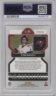 Tom Brady from the 2021 Panini Prizm set featuring a Black & White Checker parallel graded by PSA and given an overall grade of 9.