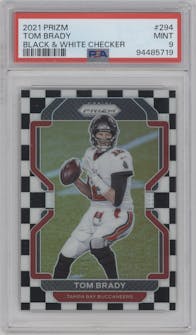 Tom Brady from the 2021 Panini Prizm set featuring a Black & White Checker parallel graded by PSA and given an overall grade of 9.