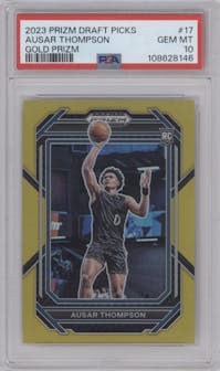 Ausar Thompson  from the 2023-24 Panini Prizm Draft Picks set featuring a Gold Prizm parallel graded by PSA and given an overall grade of 10.