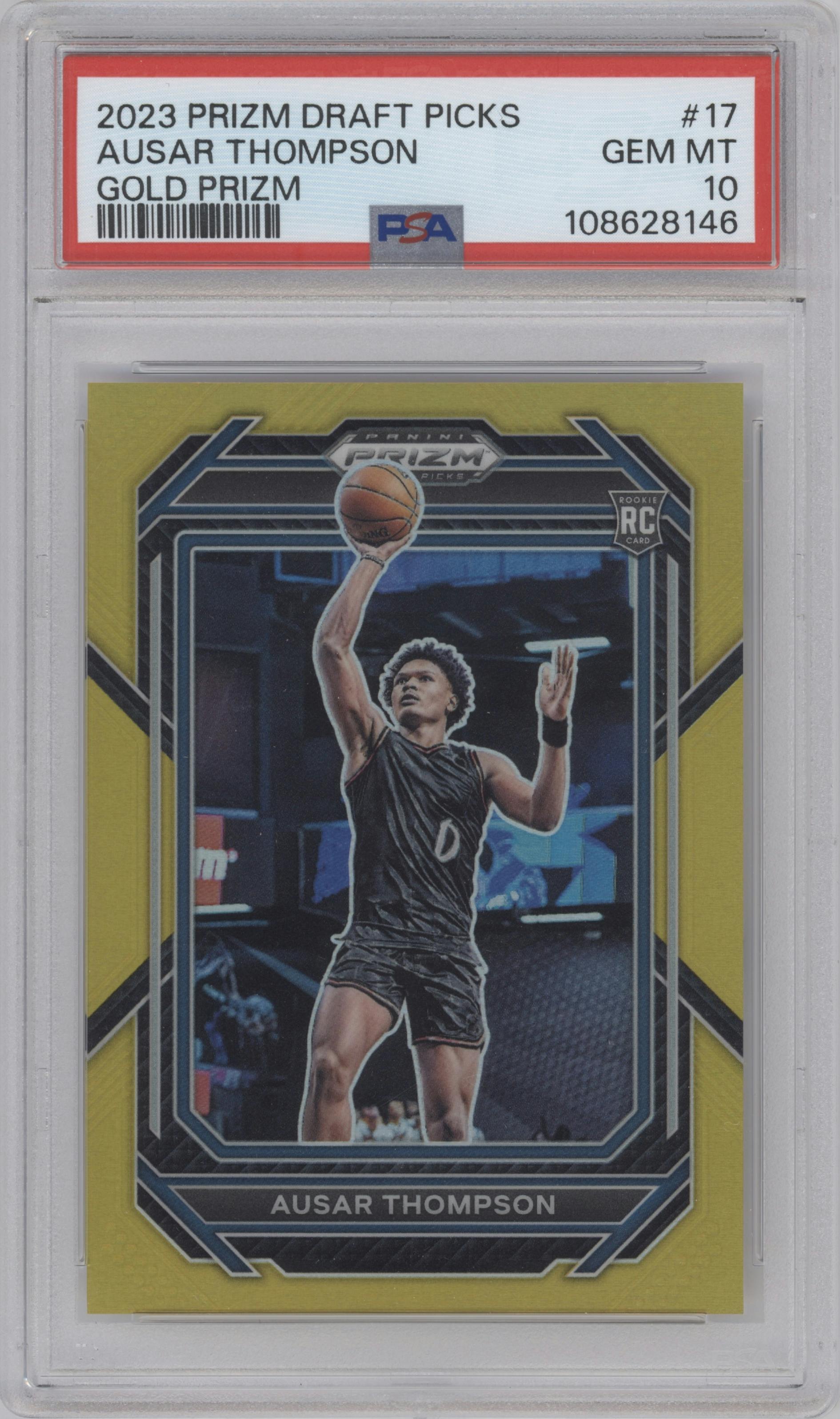 Ausar Thompson  from the 2023-24 Panini Prizm Draft Picks set featuring a Gold Prizm parallel graded by PSA and given an overall grade of 10.