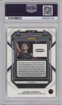 Ausar Thompson  from the 2023-24 Panini Prizm Draft Picks set featuring a Gold Prizm parallel graded by PSA and given an overall grade of 10.