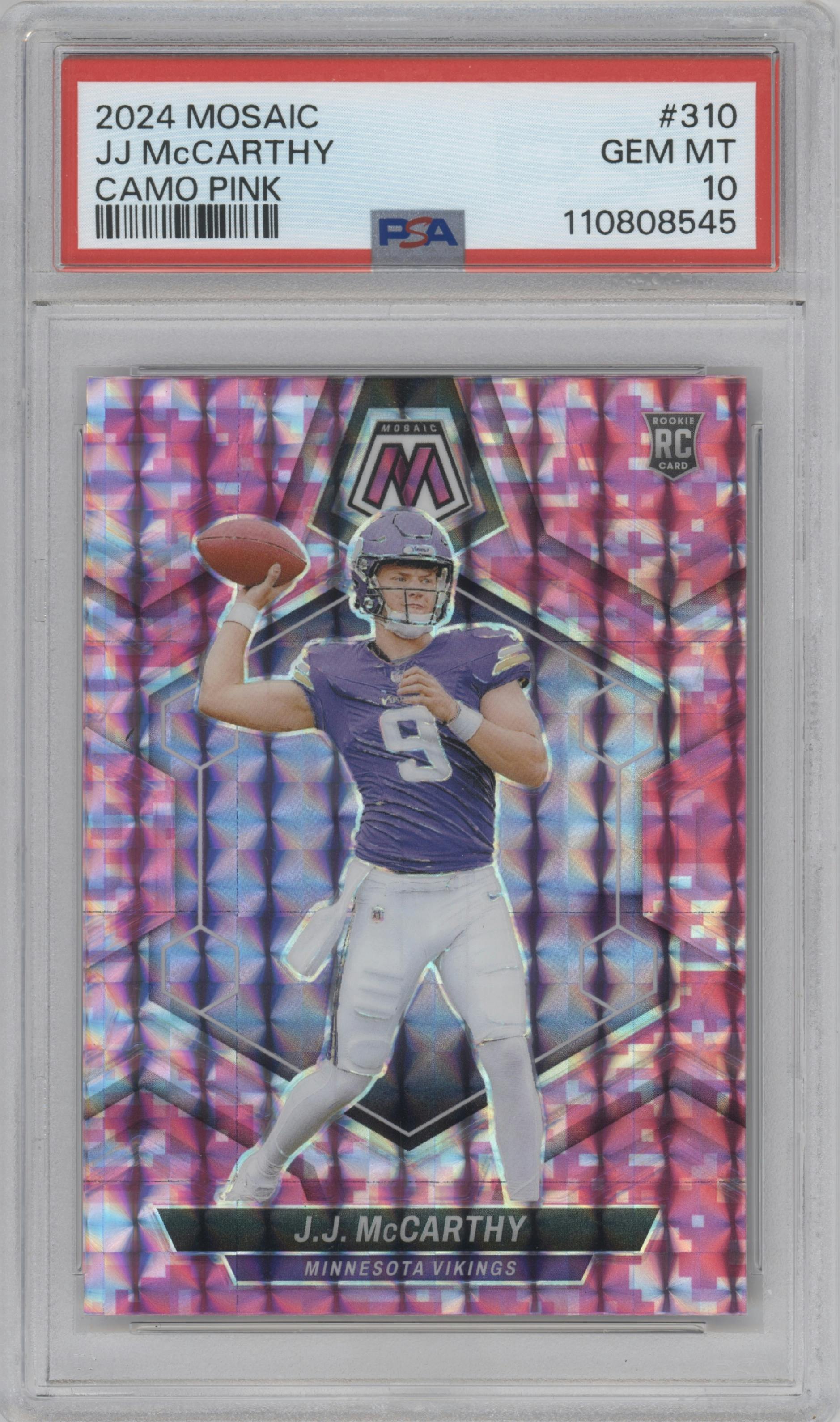 J.J. McCarthy from the 2024 Panini Mosaic set featuring a Pink Camo parallel graded by PSA and given an overall grade of 10.
