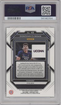 Donovan Clingan from the 2023-24 Panini Prizm Draft Picks set featuring a Hyper parallel graded by PSA and given an overall grade of 9.