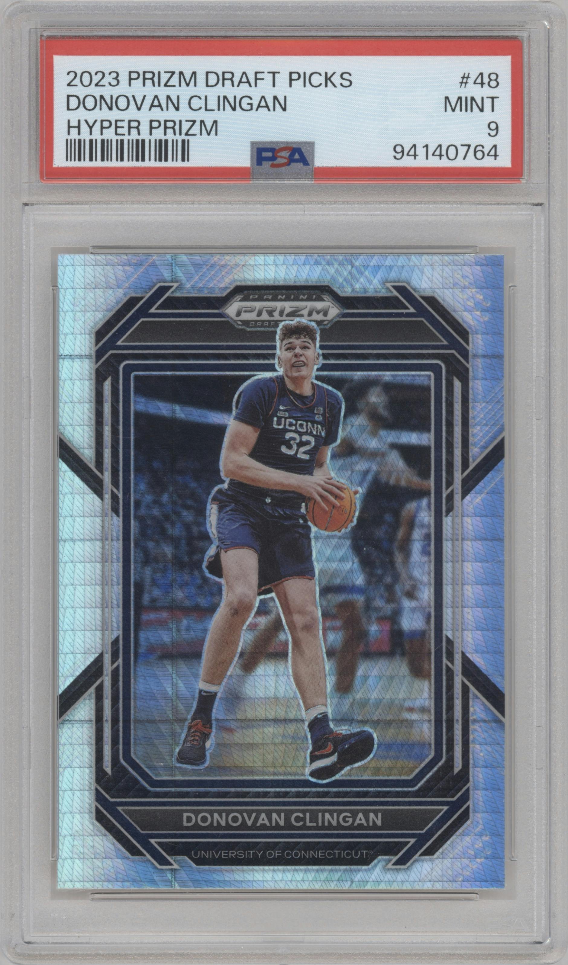 Donovan Clingan from the 2023-24 Panini Prizm Draft Picks set featuring a Hyper parallel graded by PSA and given an overall grade of 9.