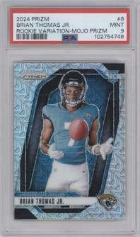 Brian Thomas Jr. from the 2024 Panini Prizm set featuring a Mojo Prizm parallel graded by PSA and given an overall grade of 9.