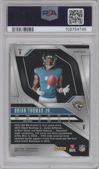 Brian Thomas Jr. from the 2024 Panini Prizm set featuring a Mojo Prizm parallel graded by PSA and given an overall grade of 9.