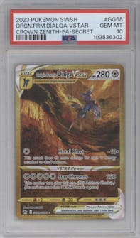 Origin Forme Dialga VSTAR from the 2023 Pokemon SWSH set graded by PSA and given an overall grade of 10.