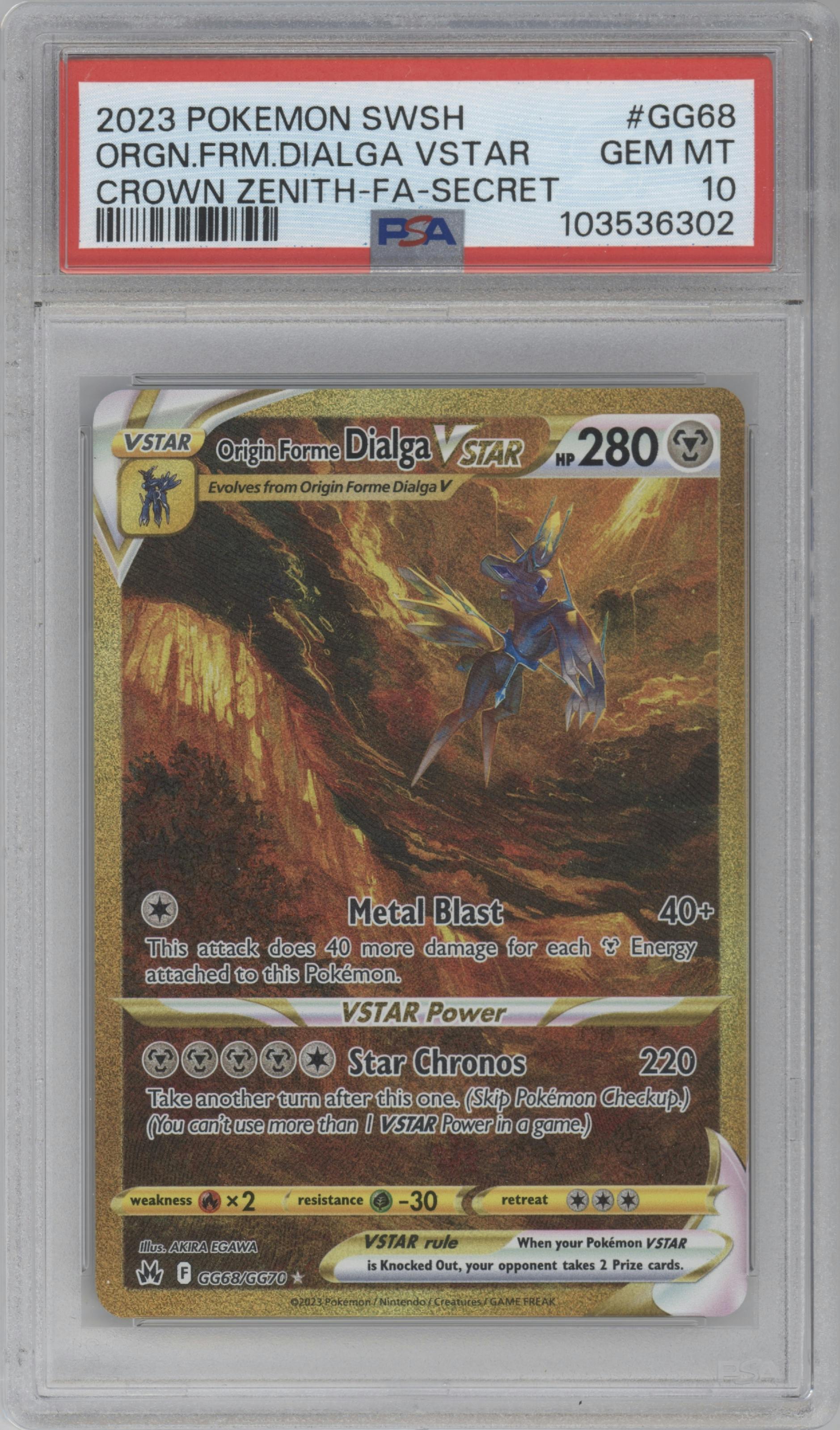 Origin Forme Dialga VSTAR from the 2023 Pokemon SWSH set graded by PSA and given an overall grade of 10.