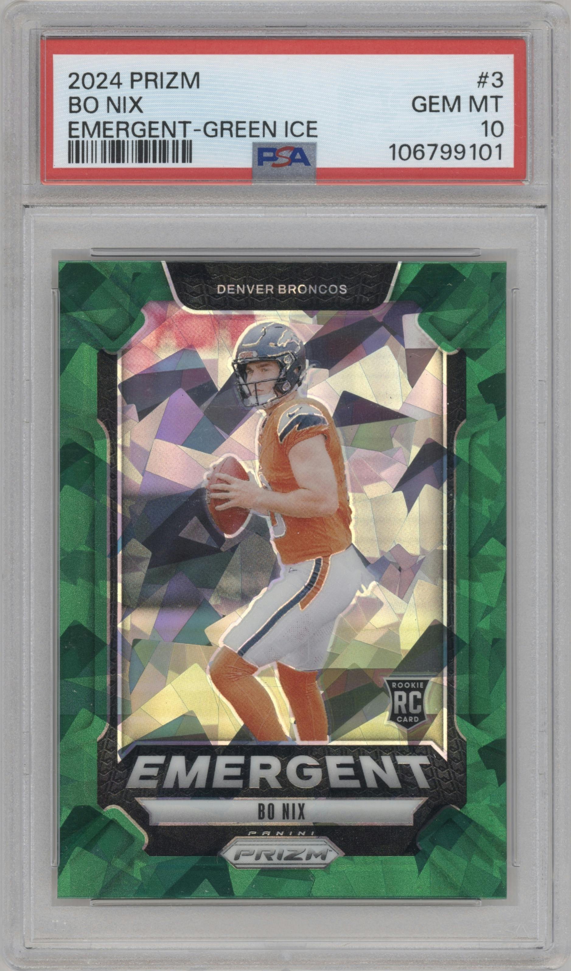 Bo Nix from the 2024 Panini Prizm set featuring a Green Ice parallel graded by PSA and given an overall grade of 10.