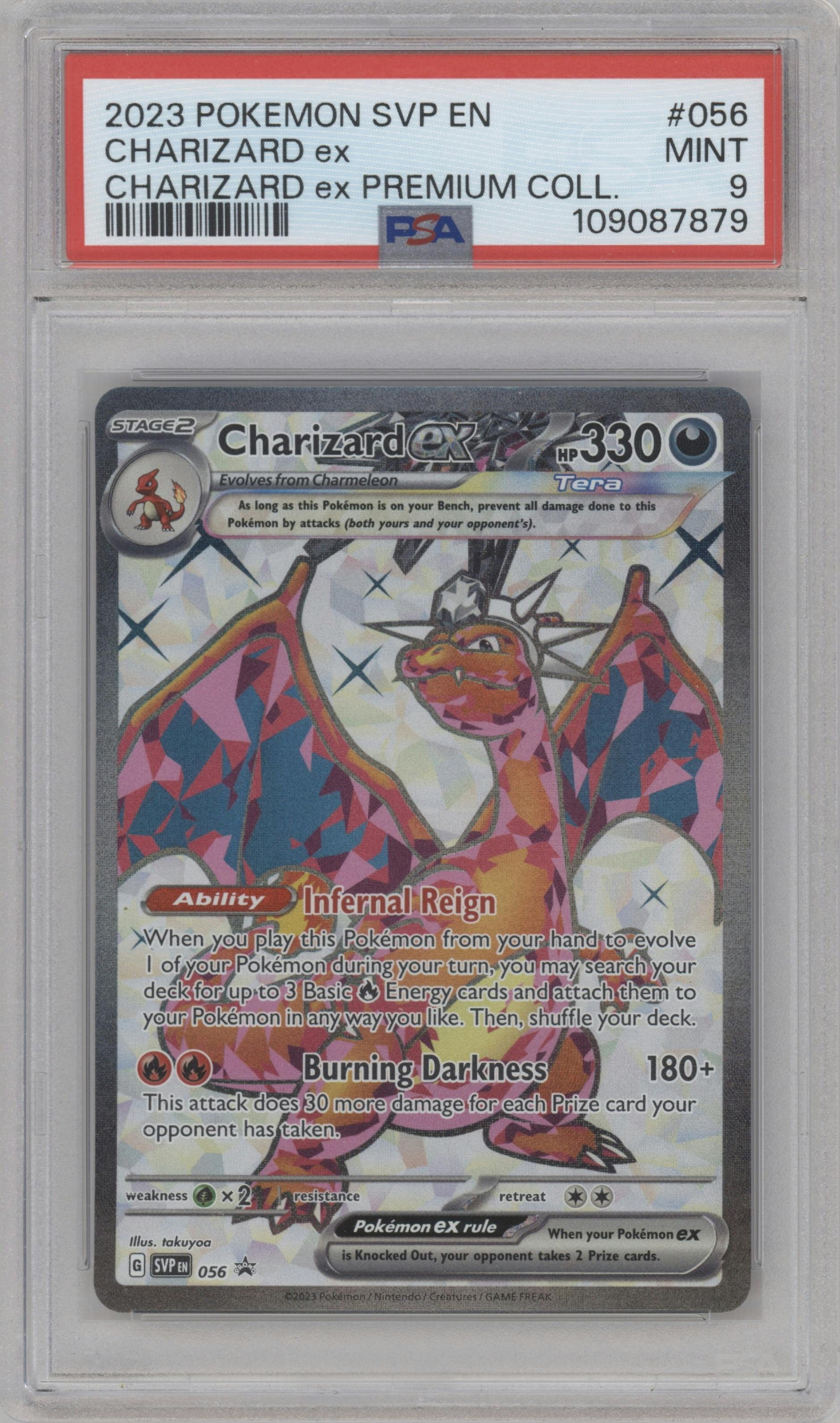 Charizard ex from the 2023 Pokemon SV set featuring a Charizard ex Premium Collection parallel graded by PSA and given an overall grade of 9.