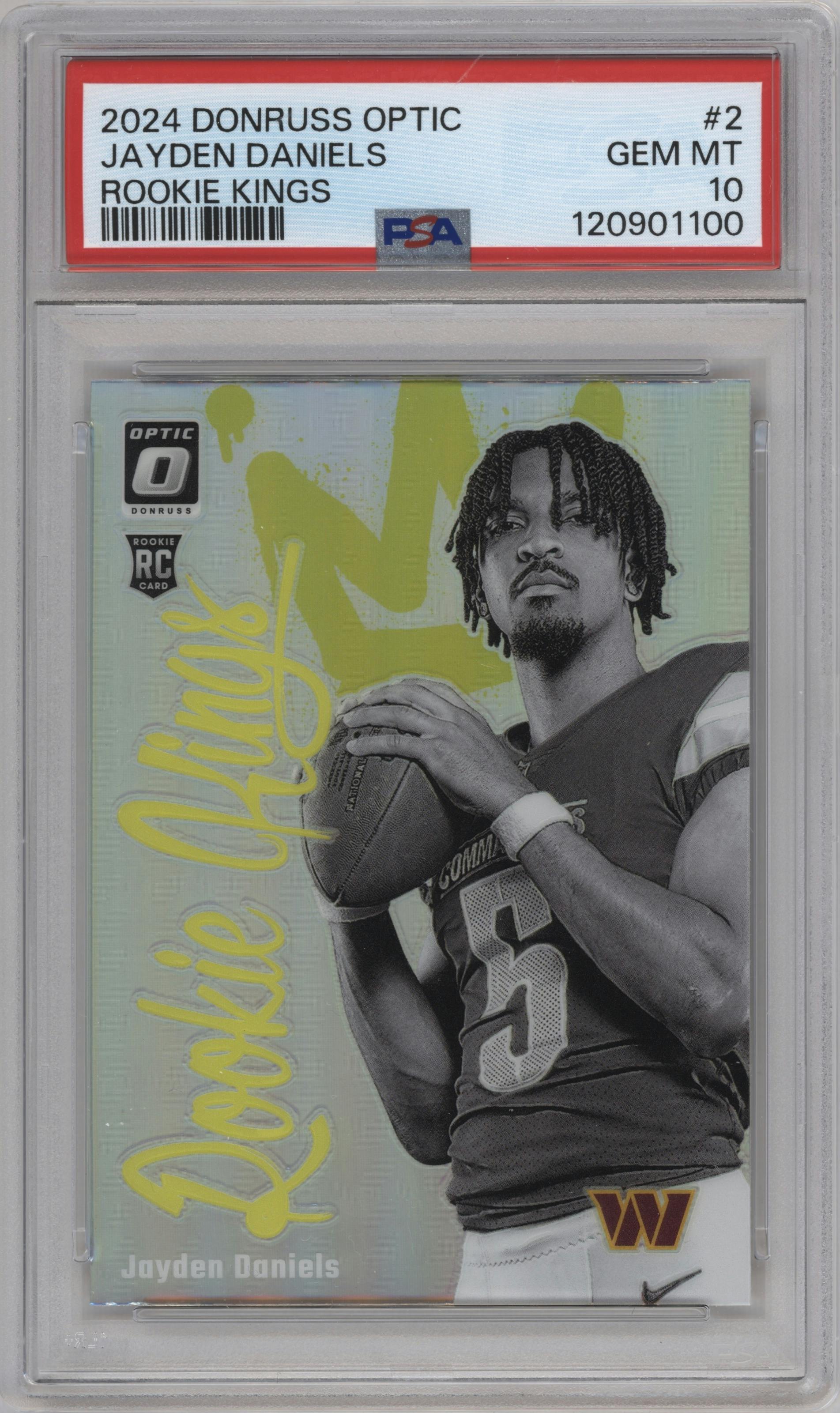 Jayden Daniels from the 2024 Donruss Optic set graded by PSA and given an overall grade of 10.
