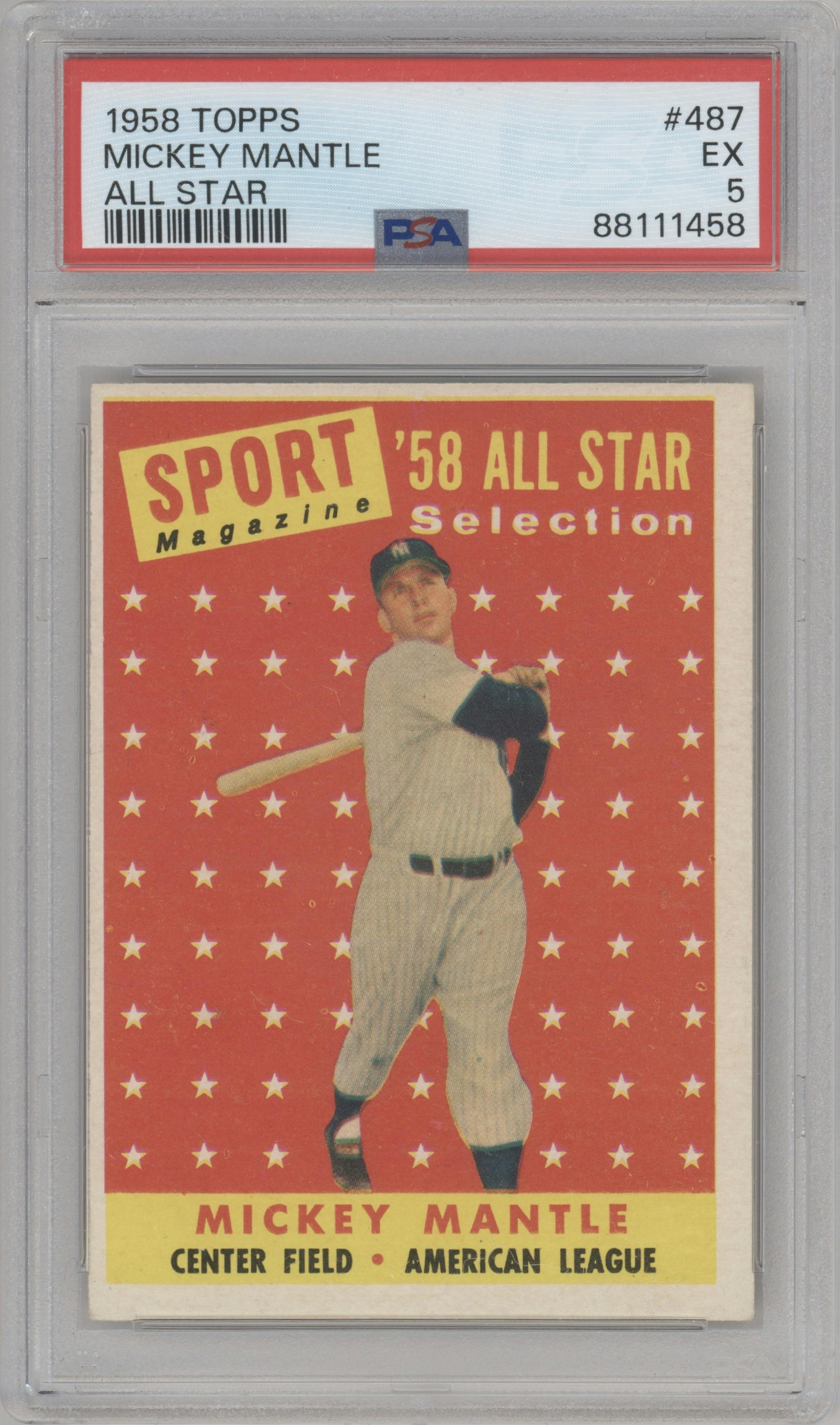 Mickey Mantle from the 1958 Topps set graded by PSA and given an overall grade of 5.