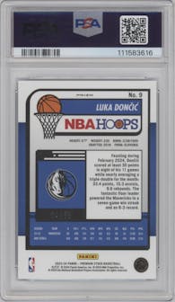 Luka Doncic from the 2023-24 Panini Hoops Premium Stock set featuring a Blue Seismic parallel graded by PSA and given an overall grade of 10.