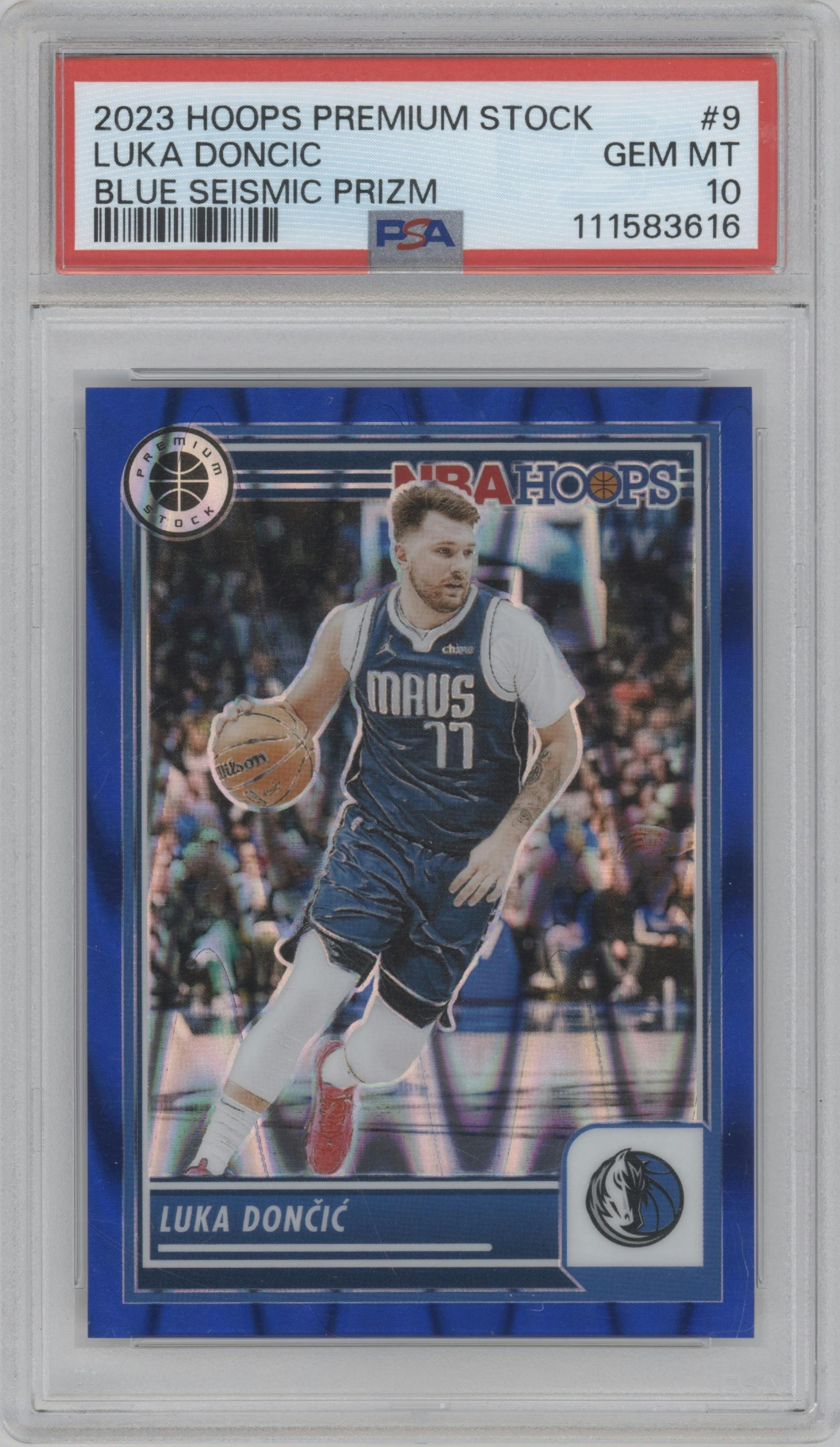 Luka Doncic from the 2023-24 Panini Hoops Premium Stock set featuring a Blue Seismic parallel graded by PSA and given an overall grade of 10.