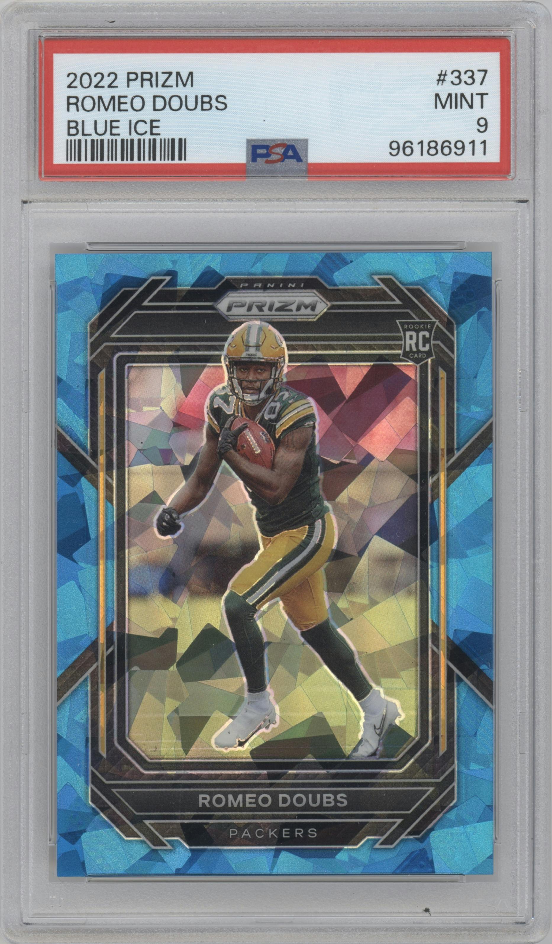 Romeo Doubs from the 2022 Panini Prizm set featuring a Blue Ice parallel graded by PSA and given an overall grade of 9.