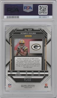 Romeo Doubs from the 2022 Panini Prizm set featuring a Blue Ice parallel graded by PSA and given an overall grade of 9.