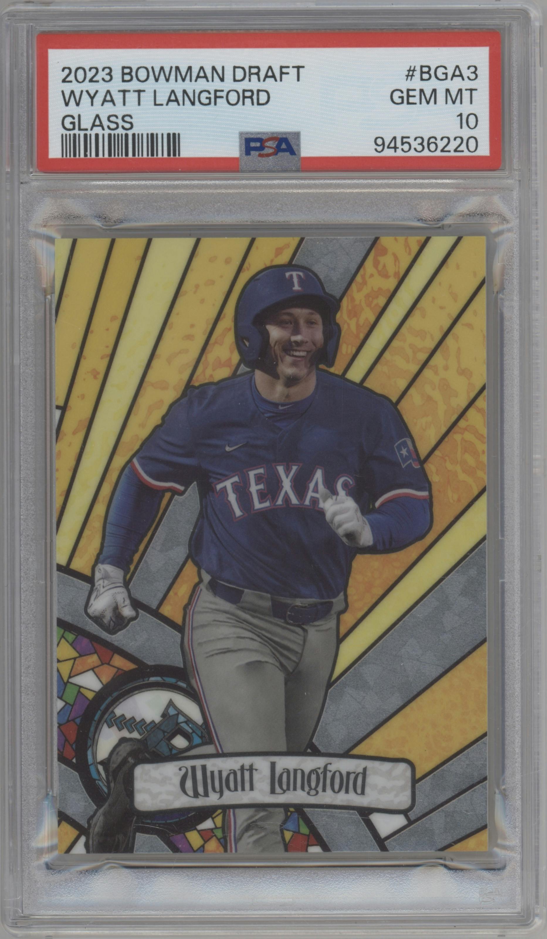 Wyatt Langford from the 2023 Bowman Draft set graded by PSA and given an overall grade of 10.
