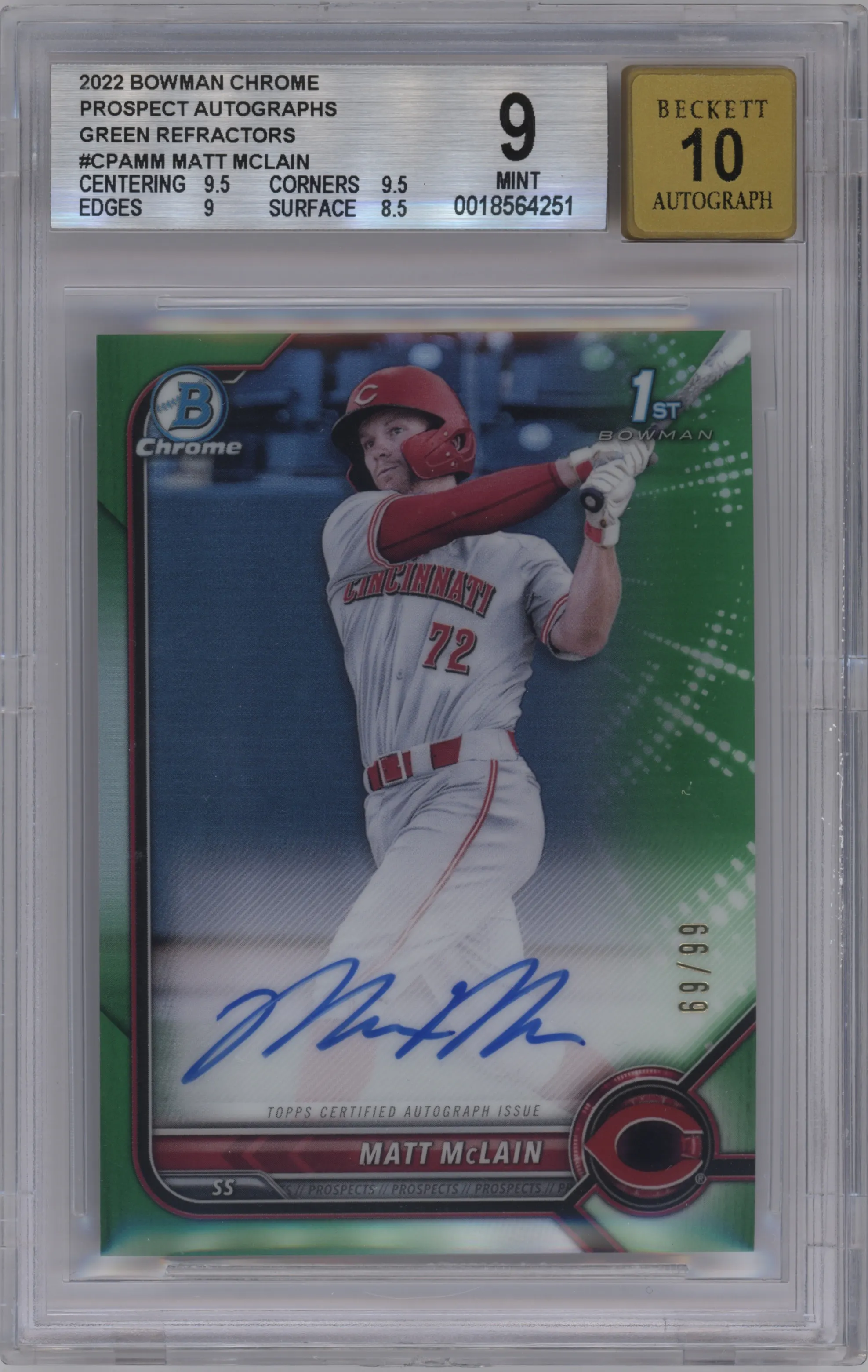 2022 Bowman Chr.Pros.Auto Matt McLain Green Refractor BGS 9