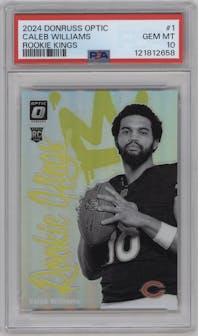 Caleb Williams from the 2024 Donruss Optic set graded by PSA and given an overall grade of 10.