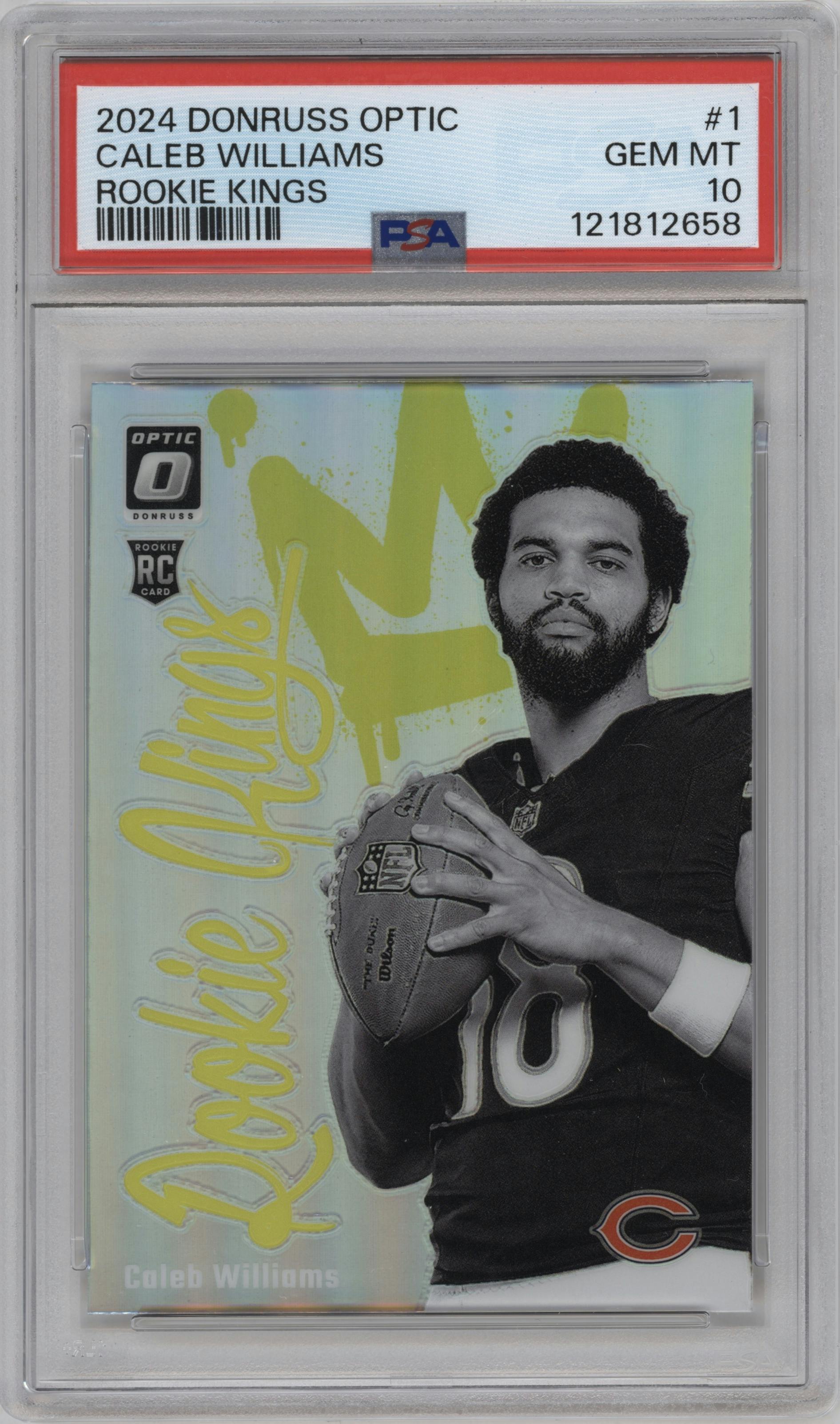 Caleb Williams from the 2024 Donruss Optic set graded by PSA and given an overall grade of 10.
