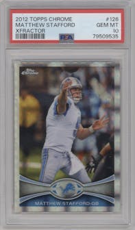 Matthew Stafford from the 2012 Topps Chrome set featuring a X-Fractor parallel graded by PSA and given an overall grade of 10.