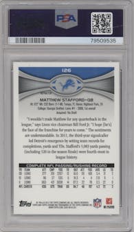 Matthew Stafford from the 2012 Topps Chrome set featuring a X-Fractor parallel graded by PSA and given an overall grade of 10.