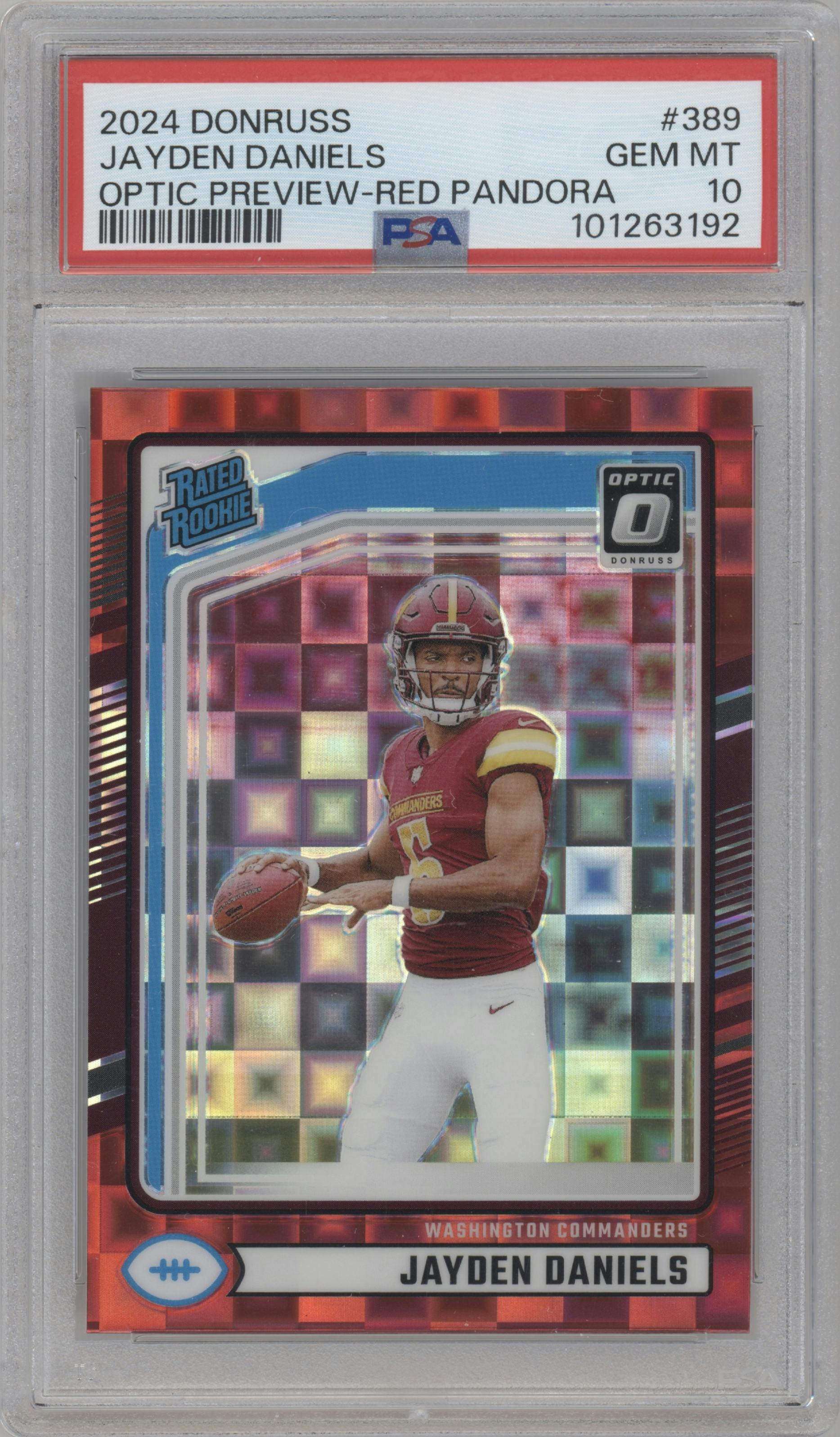Jayden Daniels from the 2024 Donruss set featuring a Red Pandora parallel graded by PSA and given an overall grade of 10.
