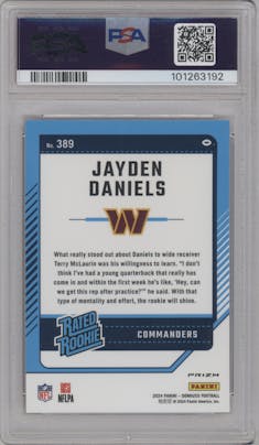 Jayden Daniels from the 2024 Donruss set featuring a Red Pandora parallel graded by PSA and given an overall grade of 10.