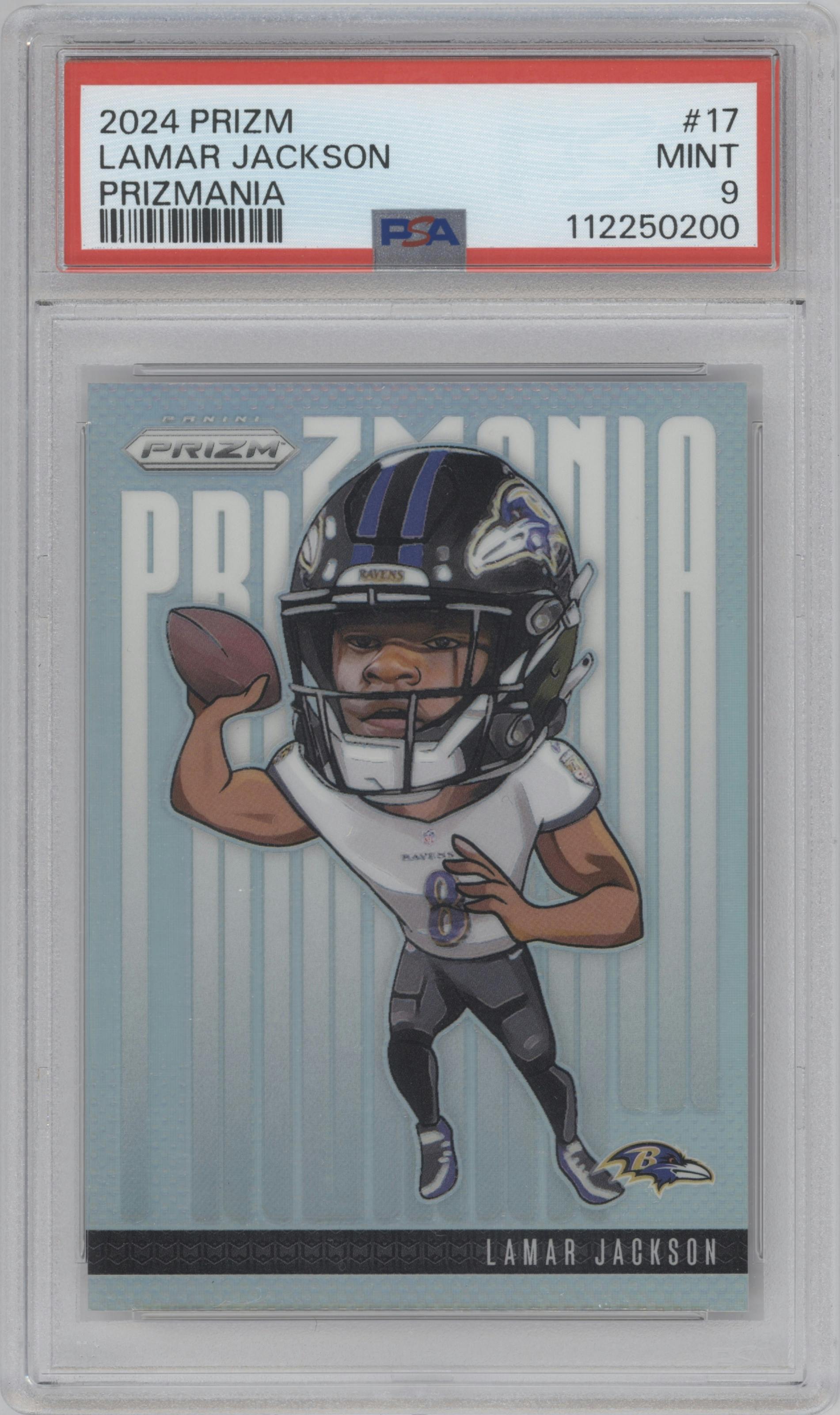 Lamar Jackson from the 2024 Panini Prizm set graded by PSA and given an overall grade of 9.