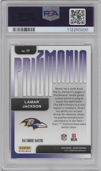 Lamar Jackson from the 2024 Panini Prizm set graded by PSA and given an overall grade of 9.