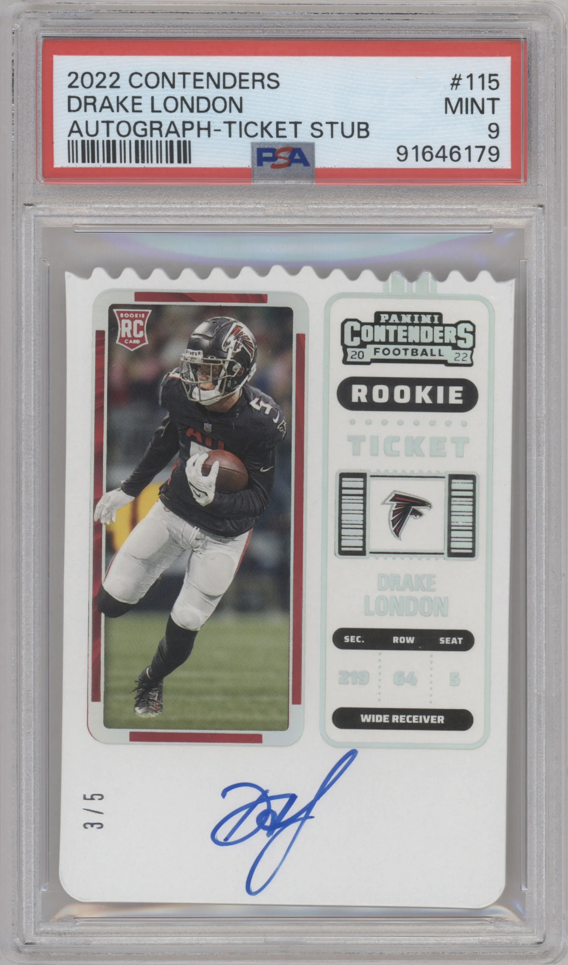 2022 Panini Contenders Rke.Tkt.Auto Drake London Ticket Stub PSA 9
