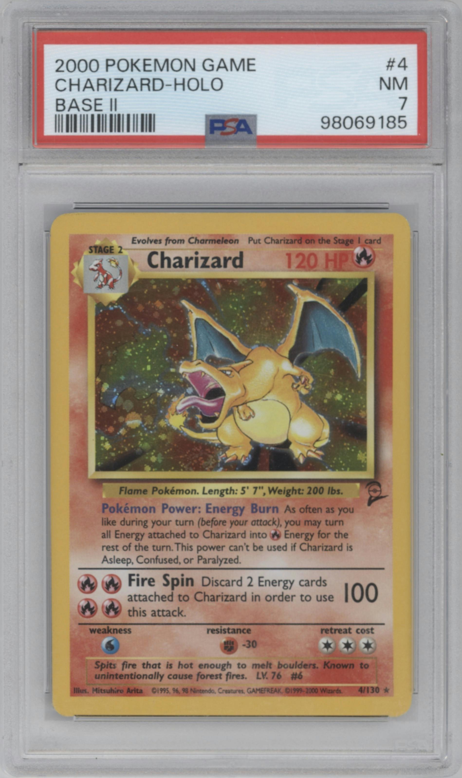 Charizard from the 2000 Pokemon set graded by PSA and given an overall grade of 7.