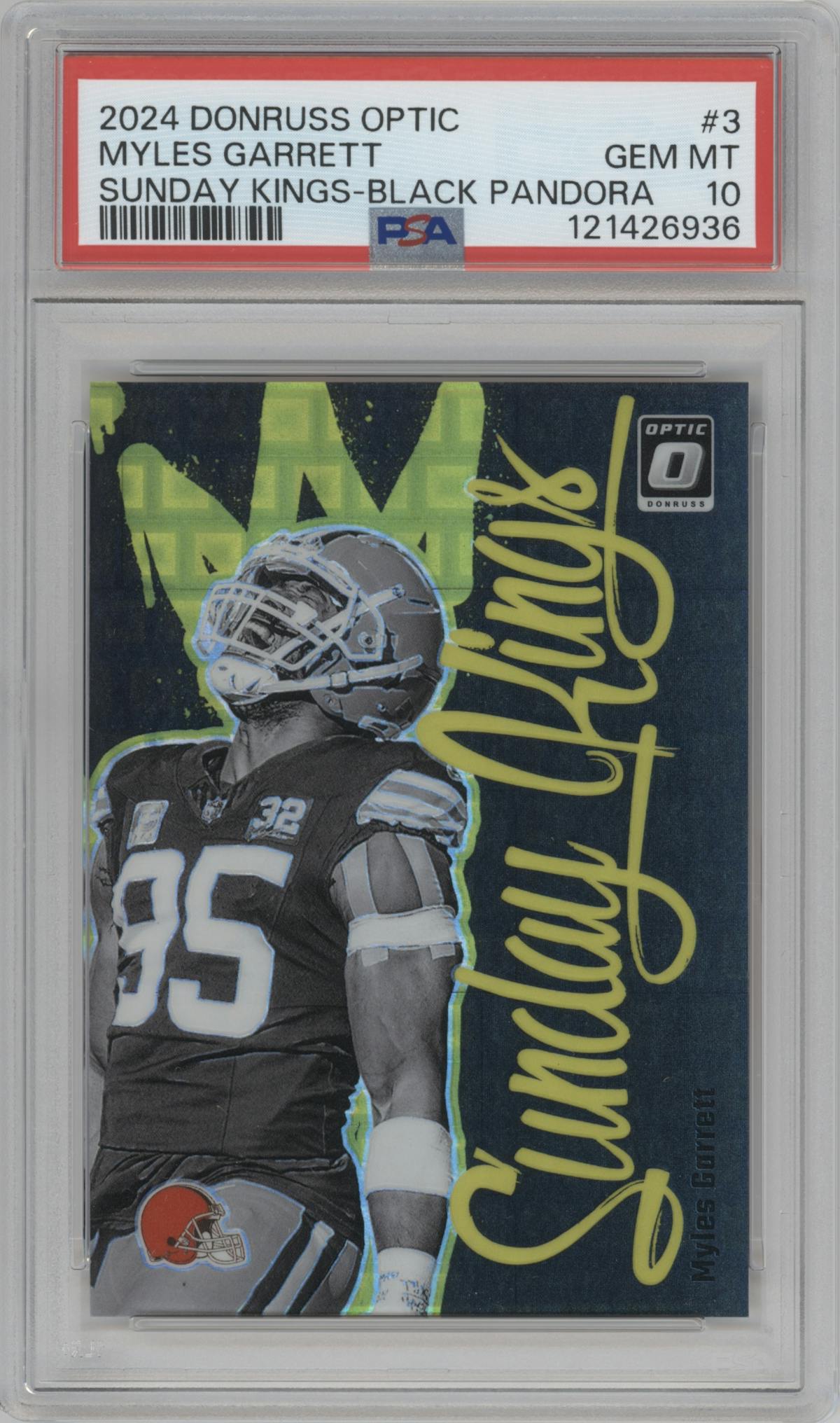 Myles Garrett from the 2024 Donruss Optic set featuring a Black Pandora  parallel graded by PSA and given an overall grade of 10.