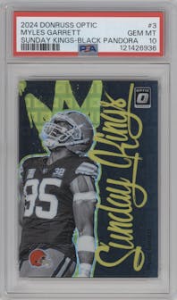 Myles Garrett from the 2024 Donruss Optic set featuring a Black Pandora parallel graded by PSA and given an overall grade of 10.